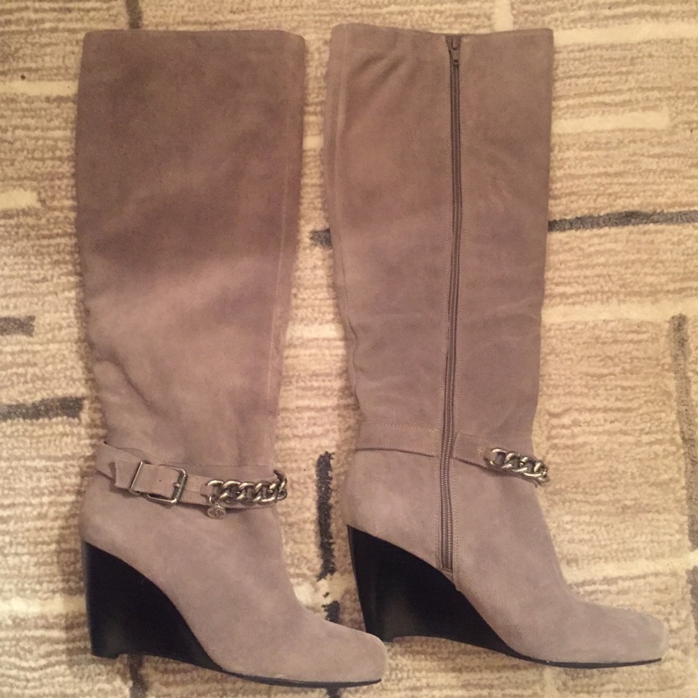 BCBGeneration Gray Tall Suede Leather Chain Boots